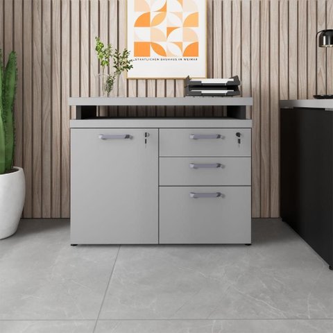 Armário Escritório F5 Office 1 Porta 3 Gavetas 1 Prateleira MDP 90cm Cinza Sagrado com Preto