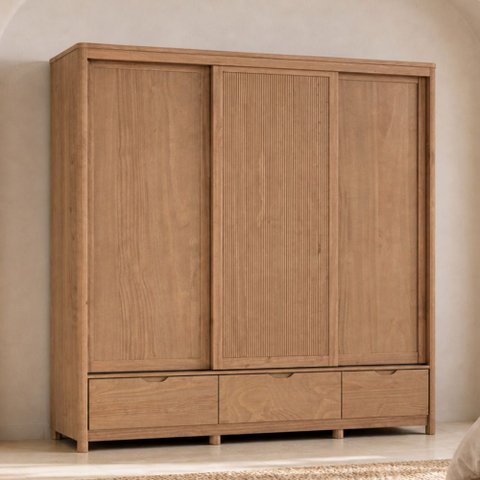 Guarda Roupa Casal 3 Portas de Correr 3 Gavetas 221cm Madeira Maciça Benton F06 Tauari - Lyam Decor