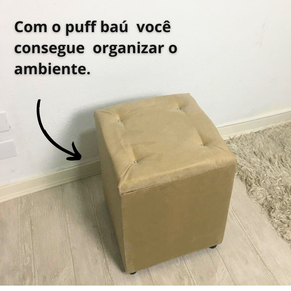 Puff Baú Quadrado Guarda Acessórios Assento Apoio de Pés - Bege - 4