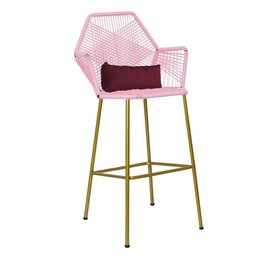 Kit 10 Banqueta Alta Com Encosto Sttar Balcão Ferro Dourado Fibra Rosa Bebê Almofada Suede Bordô - A - 3