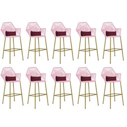 Kit 10 Banqueta Alta Com Encosto Sttar Balcão Ferro Dourado Fibra Rosa Bebê Almofada Suede Bordô - A - 1