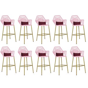 Kit 10 Banqueta Alta Com Encosto Sttar Balcão Ferro Dourado Fibra Rosa Bebê Almofada Suede Bordô - A