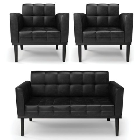 Sofá Namoradeira e 2 Poltronas Base Madeira Preto Ana Sintético Pu Preto - Ibiza