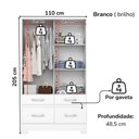 Ver imagem 3 de Guarda Roupa Solteiro 2 Portas Deslizantes 4 Gavetas 110 Cm Be25 Branco Briz