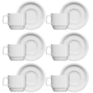 Jogo 6 Xícaras de Chá com Pires de Porcelana 215ml Classe Única Iguaçu Germer Branco