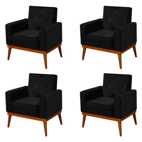 Kit 4 Poltronas Decorativa Florença Pés em Madeira Maciça Estofado Veludo - Preto