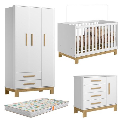 Quarto de Bebê Q Encanto Slim Branco Acetinado com Colchão Gazin - Qmovi