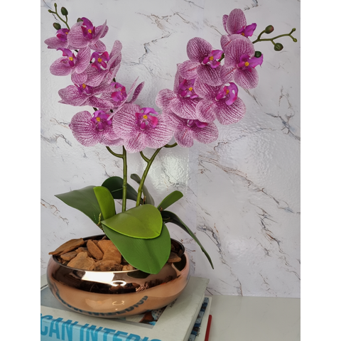 Arranjo Com 2 Orquídeas Violeta Vaso Cobre 22cm