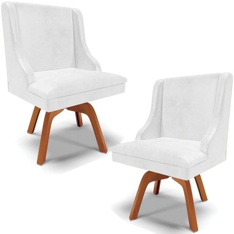 Kit 2 Poltronas Decorativas Base Giratória de Madeira Firenze Couríssimo Branco/Natural - Gran Belo