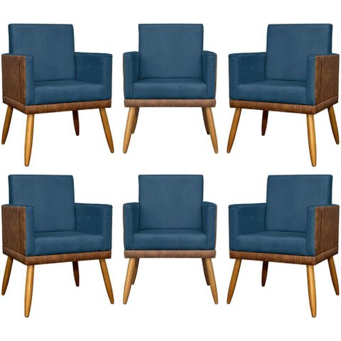Kit 6 Poltronas Decorativas para Escritório Lis Corino e Pé 30cm - Azul-marinho Suede Corino