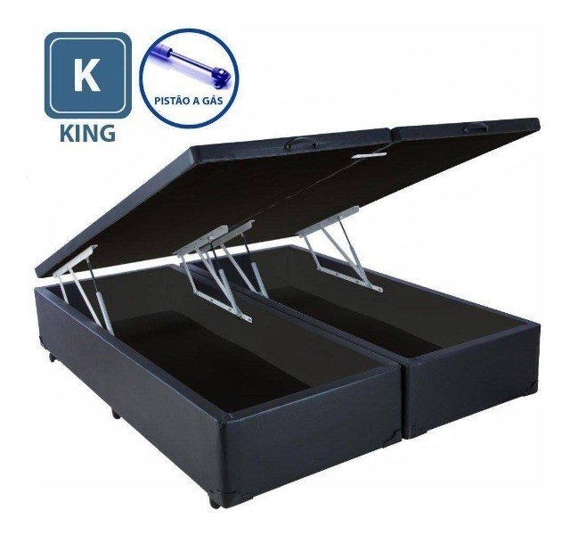 Cama Box King Size com Bau Pistão a Gás Preto Sintético Bipartido - 193x203 - 3