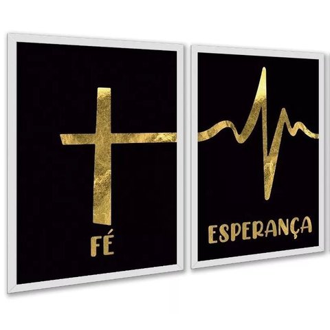Kit 2 Quadros Fé Esperança - Preto com Dourado 24x18cm:moldura Branca