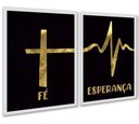 Ver imagem 1 de Kit 2 Quadros Fé Esperança - Preto com Dourado 24x18cm:moldura Branca