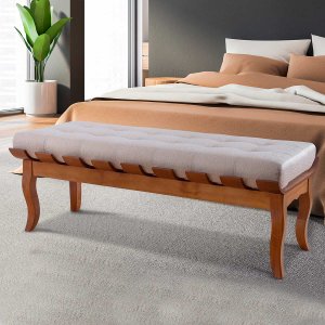 Recamier Decor Isabela 120 Cm Retrô Pés Luiz XV Banco Estofado Madeira Maciça Linho Bege M58 - RMI