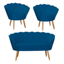 Ver imagem 1 de Kit Pétala Namoradeira e 2 Poltronas Decorativa Pés Palito Suede Azul Royal - LM DECOR