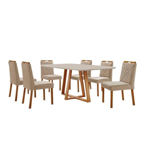 Conjunto Sala de Jantar Mesa Florença 180x90cm Off White com 6 Cadeiras Dallas Veludo Bege