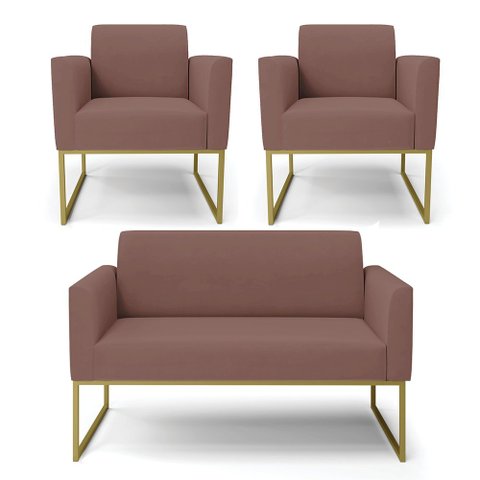 Sofá Namoradeira com 2 Poltronas Base Industrial Dourado Marisa Veludo Rosê D03 - D'Rossi