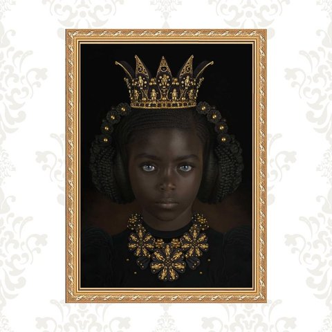 Quadro Moldura Dourada Menina Negra Fone Ouvido 24x18cm:com Vidro