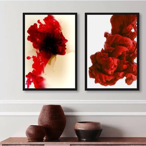 Kit 2 Quadros Abstratos Formas Mulher- Vermelho 24x18cm:madeira Preta