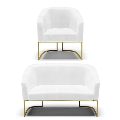 Sofá Namoradeira e Poltrona Base Industrial Dourado Stella Corano Branco D03 - D'Rossi