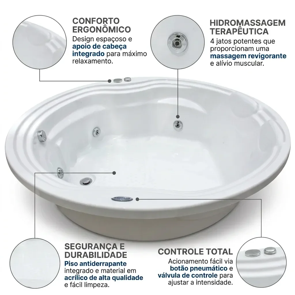 Ver imagem 4 de Banheira de Hidromassagem Redonda Gold Line Ouro Fino 150cm em Acrílico Branco 220V