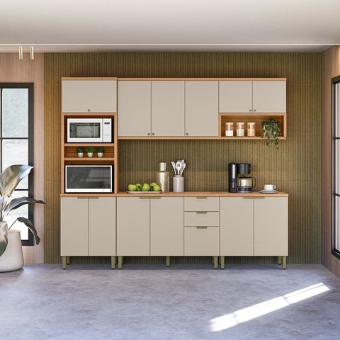 Cozinha Completa Modulada 5 Peças com Torre Quente e Aéreo Duplo Selene Bege/Jequitibá/Off White Fosco