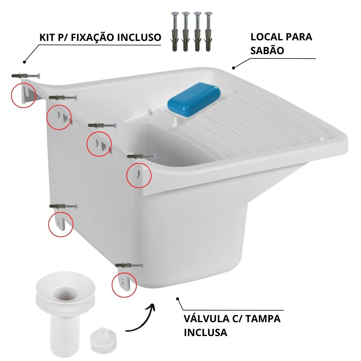 Tanque Lavanderia 22l Branco + Varal em Aço + Prendedor + Ralo - 6