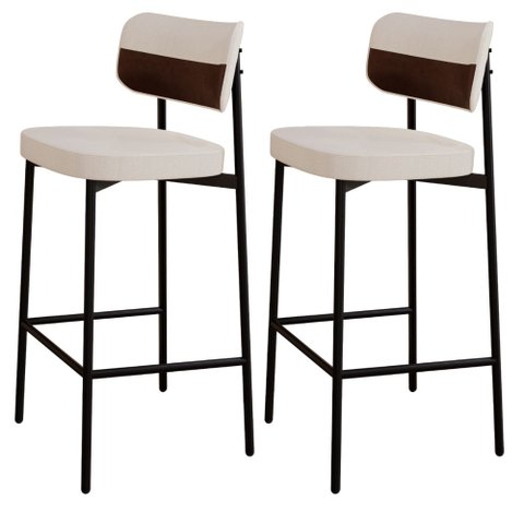 Kit 02 Banquetas Alta Bar Cozinha Sala de Jantar Aço Preto Kaira C01 Linho Palha Courino Whisky - Ly