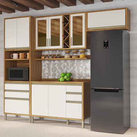 Armário de Cozinha com Balcão e Tampo 9 Portas 5 Gavetas Pérola 100% Mdf Vidro Reflecta Amêndoa/Off 