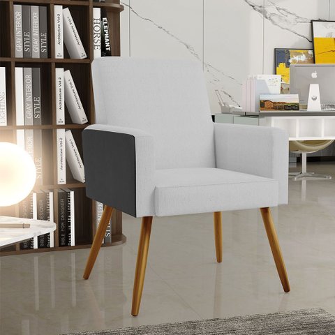 Poltrona Decorativa Maria W01 Pés Palito Linho Cinza Couríssimo Preto - Lyam Decor
