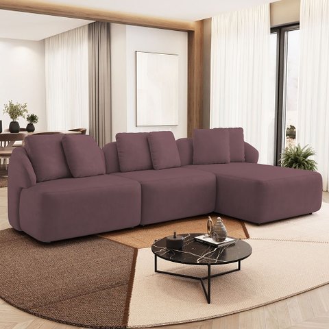 Sofá 3 Lugares com Chaise Direito Sala Living 248cm Arlo F04 Veludo Lilás Tc-12014 - Lyam Decor