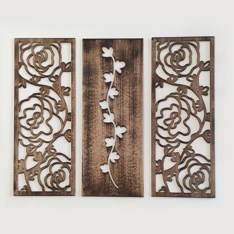 Kit Trio de Quadros Floral Rosas Vazadas em Mdf Decoração, Moderna, Atemporal, Apartamento Up Art Pe