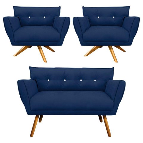 Kit 01 Namoradeira e 02 Poltronas Anitta Suede Azul Marinho