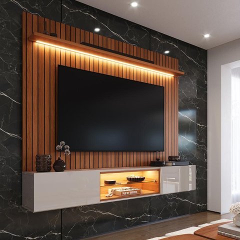 Painel com Rack Milano para TV até 70” com Nicho com LED, Prateleira de Vidro, Portas Basculantes