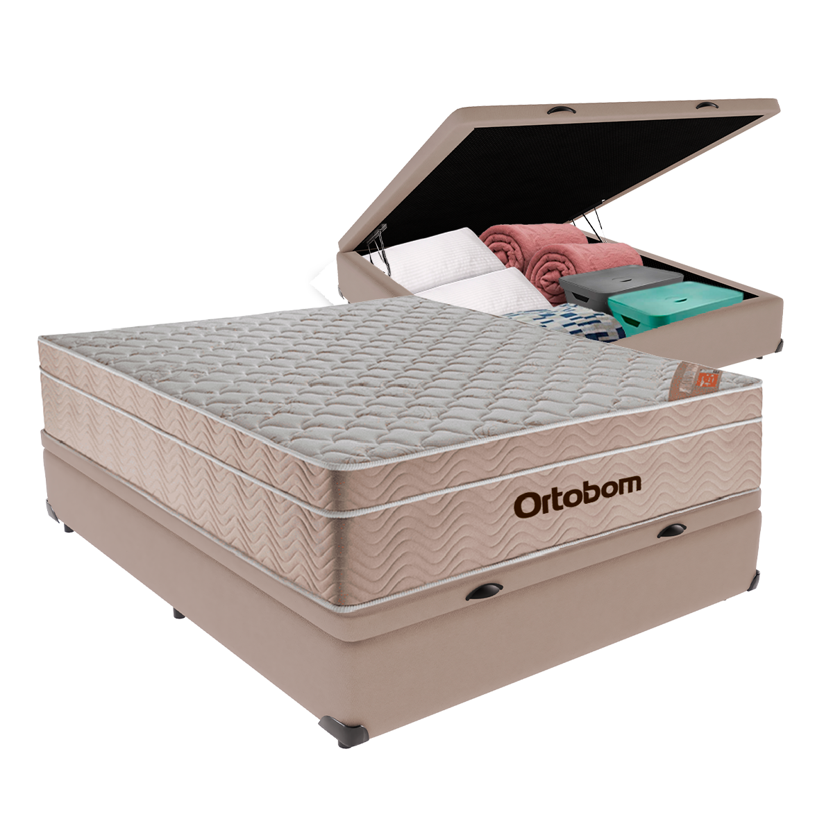 Cama Box Baú Casal Bege e Colchão Airtech Springpocket Molas Ensacadas Ortobom