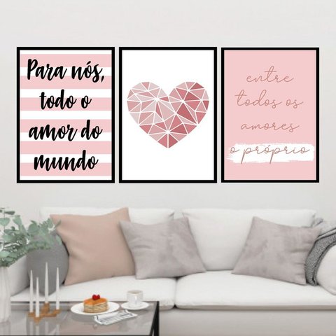 Kit 3 Quadros Todo Amor do Mundo - Coração 33x24cm - com vidro:Madeira preta
