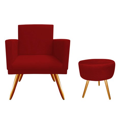 Kit Poltrona Decorativa Nina + Puff Redondo Suede Vermelho Pés Madeira Ms Decor