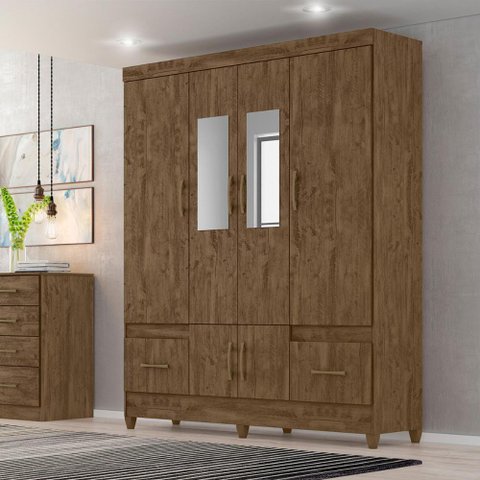 Guarda Roupa Casal com Espelho Ms912 4 Portas 2 Gavetas Castanho Wood - Moval