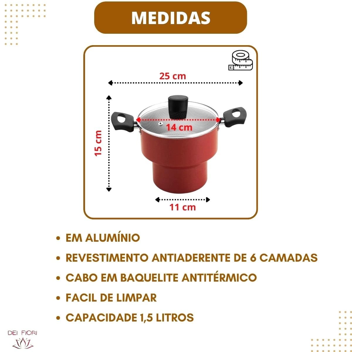 Cuscuzeiro Antiaderente 14cm Tampa de Vidro Cabo Baquelite Aluminio Fácil Lavar Não Gruda Resistente - 3