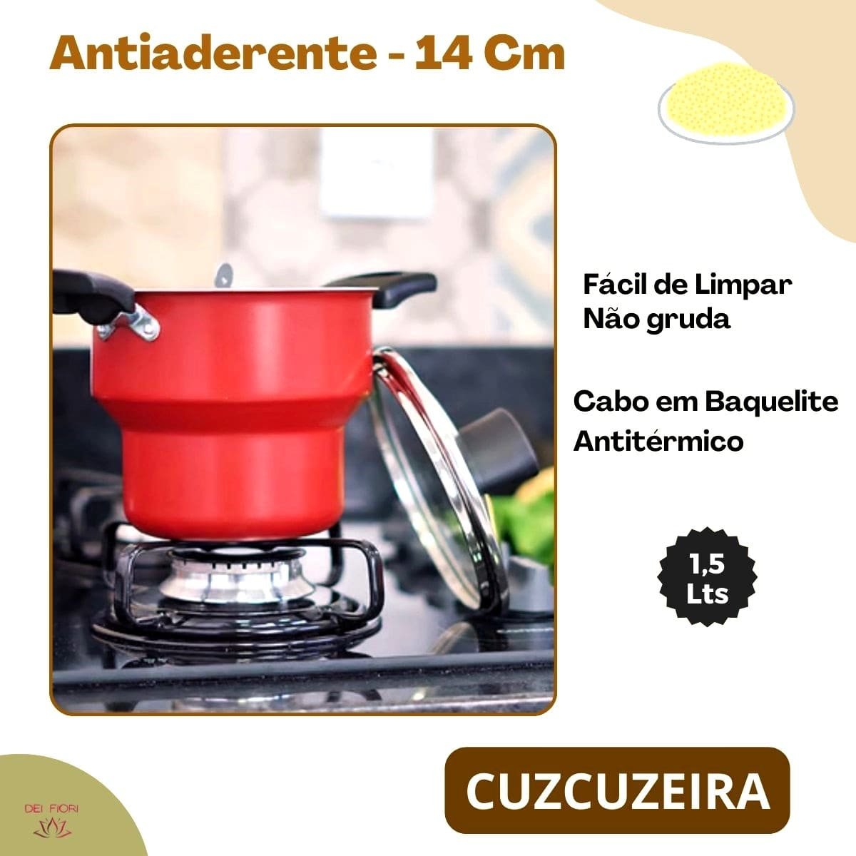 Cuscuzeiro Antiaderente 14cm Tampa de Vidro Cabo Baquelite Aluminio Fácil Lavar Não Gruda Resistente - 5