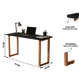 Mesa de Estudo 76 Cm Tampo Mdf Pés em Madeira Quarto e Escritório Estudo Trabalho Notebook Cor Preto - 5
