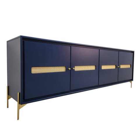 Balcão Buffet Paraty 220 Cm Laca Pés Metal e Palhinha Azul Gloss