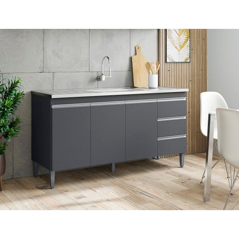 Balcão de Cozinha/pia Andréia 150cm S/ Tampo 3 Portas e 3 Gavetas:cinza