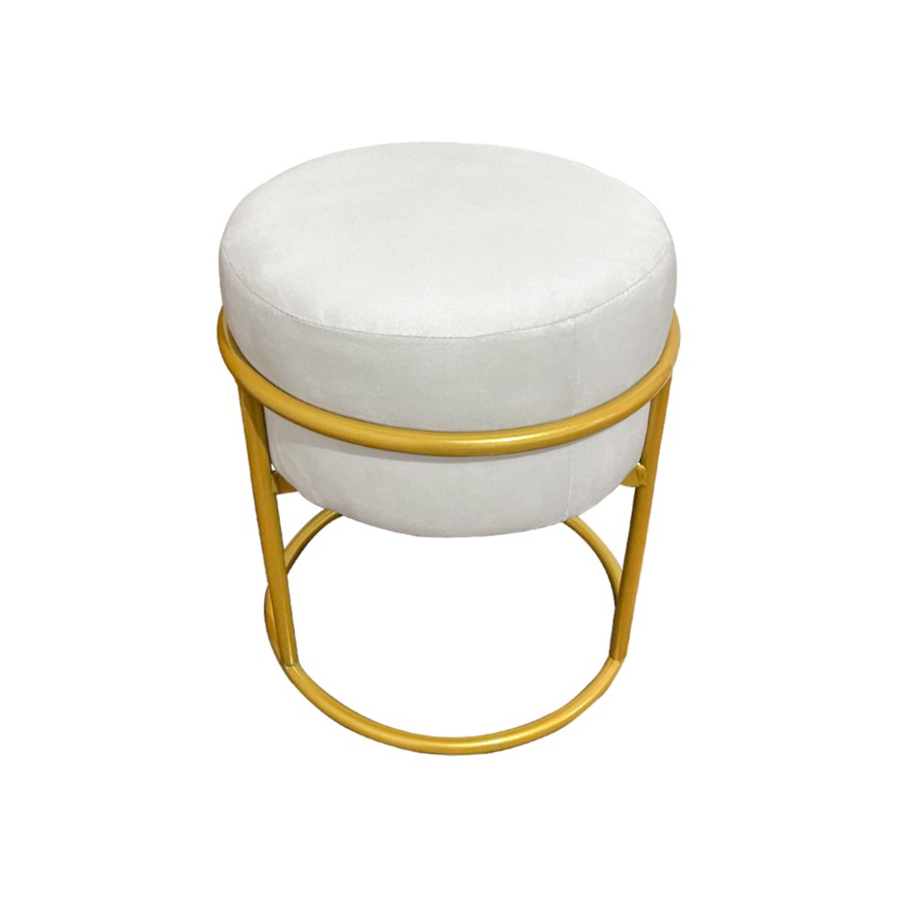 Puff Decorativo Redondo Iron Base Ferro Dourado Estofado Veludo Off White - 2