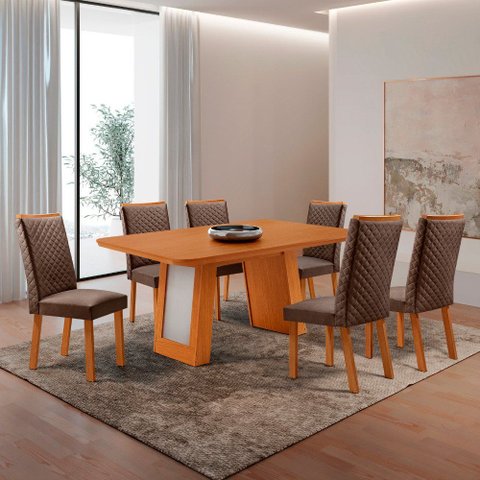 Mesa de Jantar Carolina 180cm Tampo MDF Canto Copo com 6 Cadeiras Lira