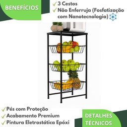 Fruteira de Chão para Cozinha 3 Andares Cesto Preta Plus - 4