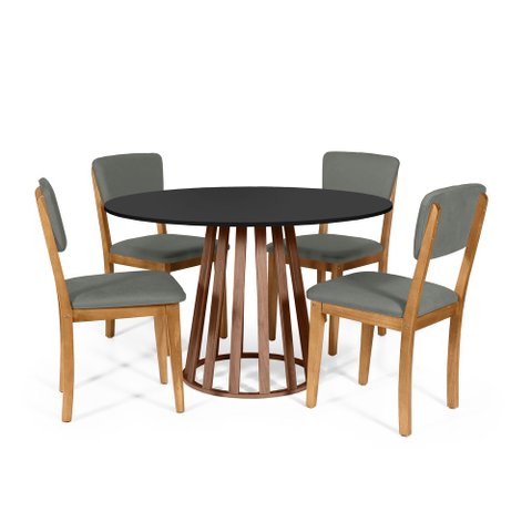 Mesa de Jantar Redonda Gabi Pret/nor com 4 Cadeiras Estofadas Ella Cinza