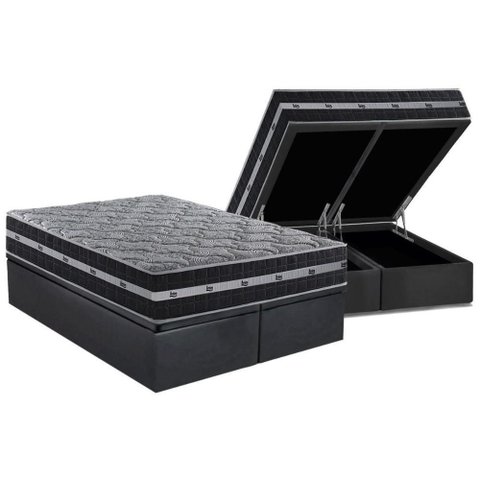 Cama Box Baú Queen: Colchão Molas Ensacadas Black Grafite + Base Crc Suede Gray (158x198)