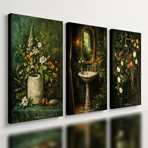 Kit 3 Quadro Decorativo Banheiro Lavabo Verde Moderno Toallet 28x20cm
