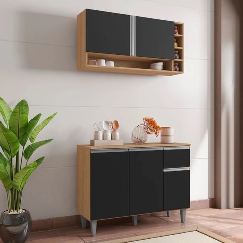 Balcão de Cozinha e Armário Aéreo Vanessa Cor Amêndoa/preto - Ajl Móveis